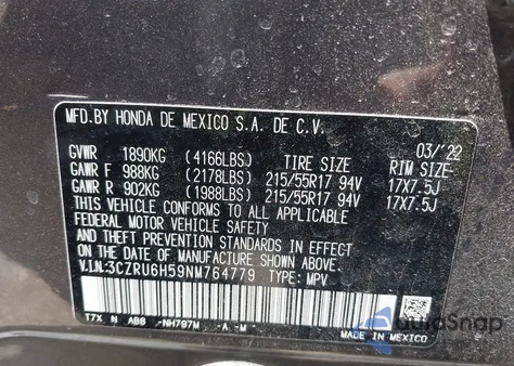 2022 Honda Hr-V Awd Ex из США, поврежденный, VIN 3CZRU6H59NM764779